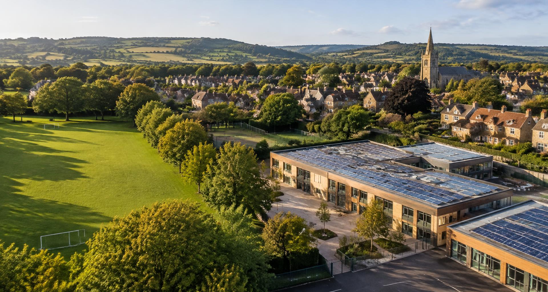 Solar panels on a school roof overlooking a green British town